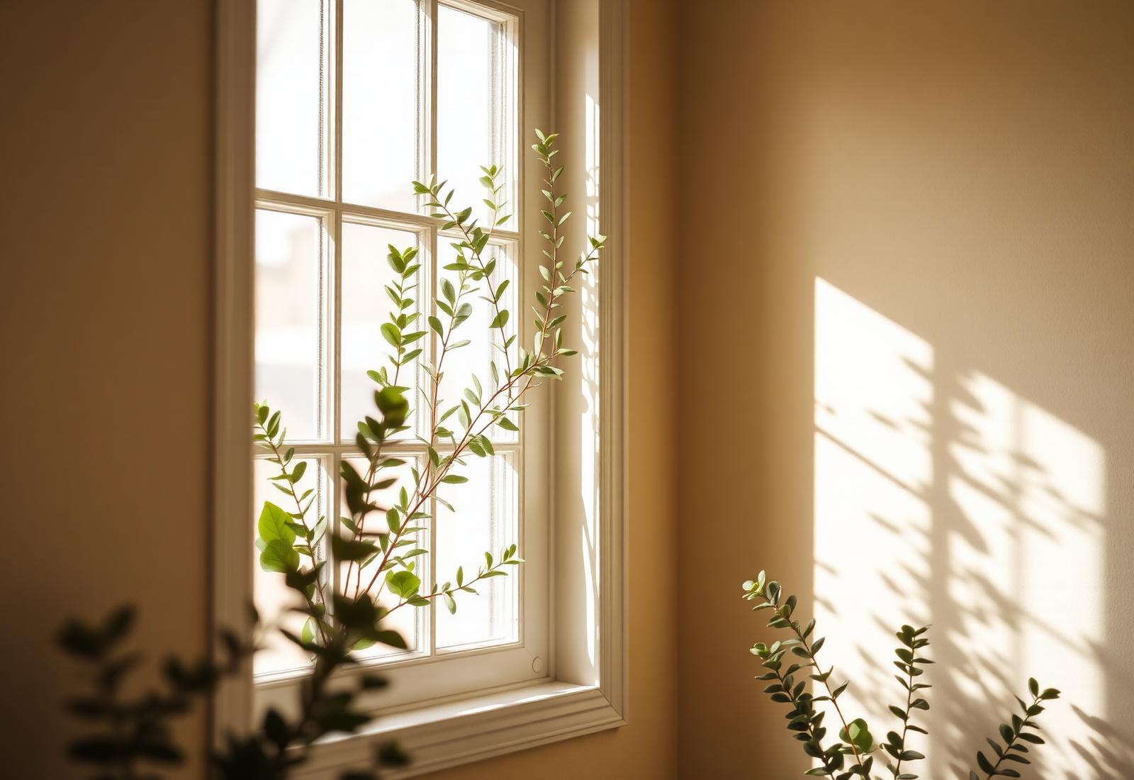 Soft sunlight through a window, sage greenery on the sill