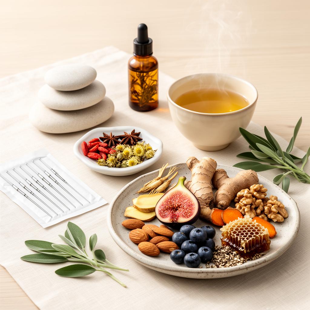 Botanical herbs, amber tincture bottles, and a stone mortar on a sunlit wood table